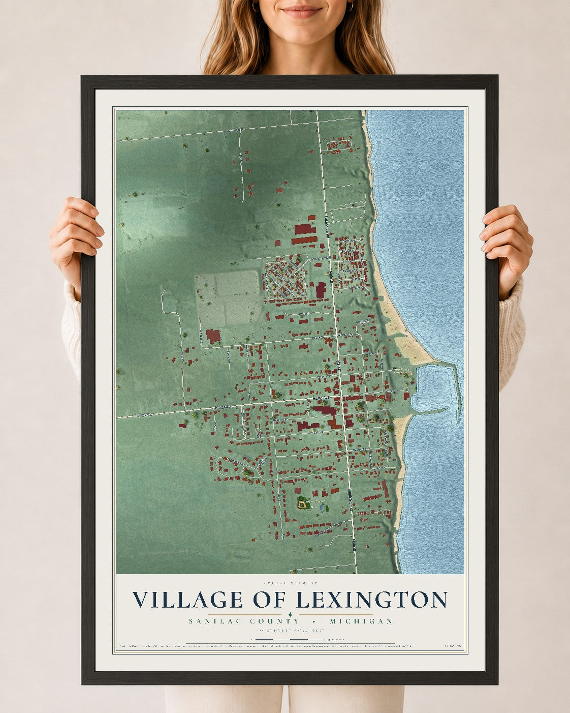 Map of Lexington, Michigan, 24 x 36 inch print in a black wood frame