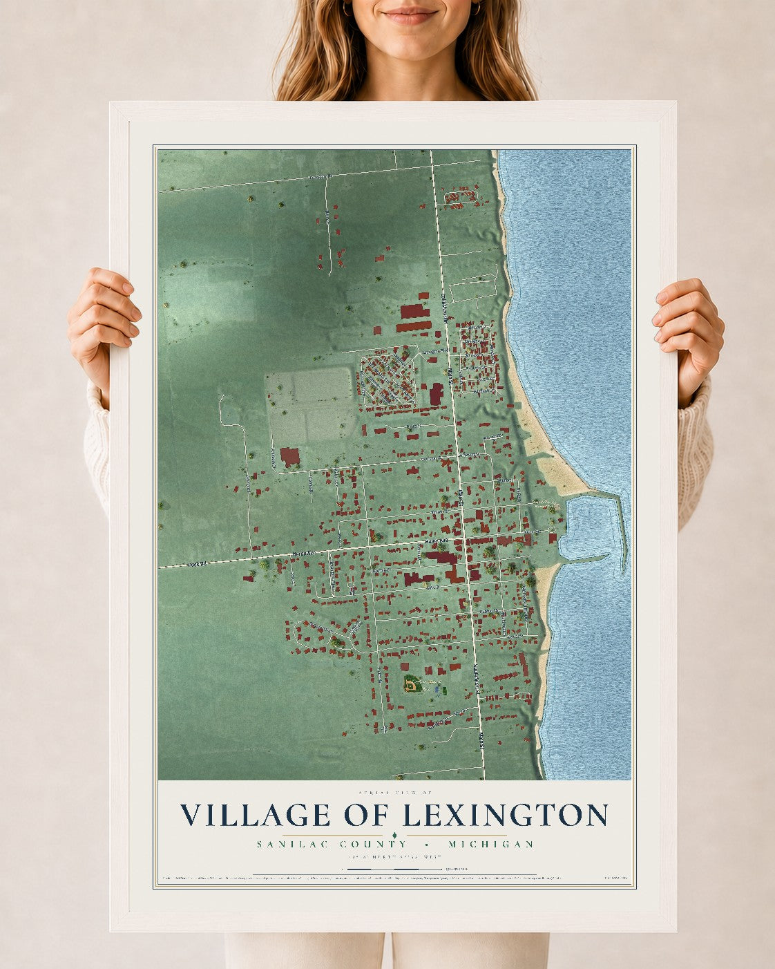 Map of Lexington, Michigan, 24 x 36 inch print in a white wood frame