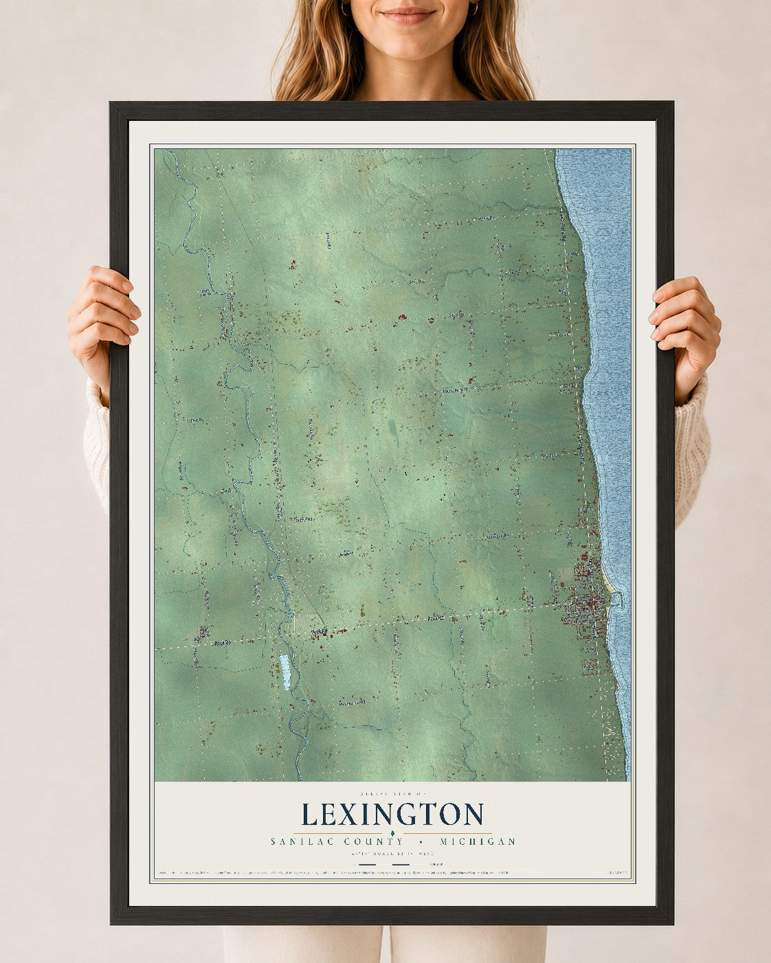 Map of Lexington, Sanilac County, Michigan, 24 x 36 inch print in a black wood frame