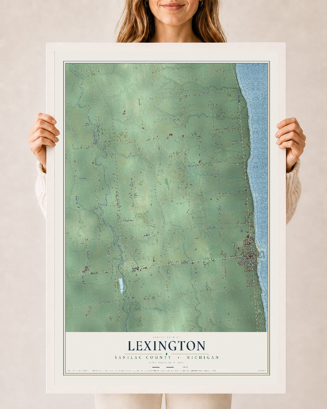 Map of Lexington, Sanilac County, Michigan, 24 x 36 inch print in a white wood frame