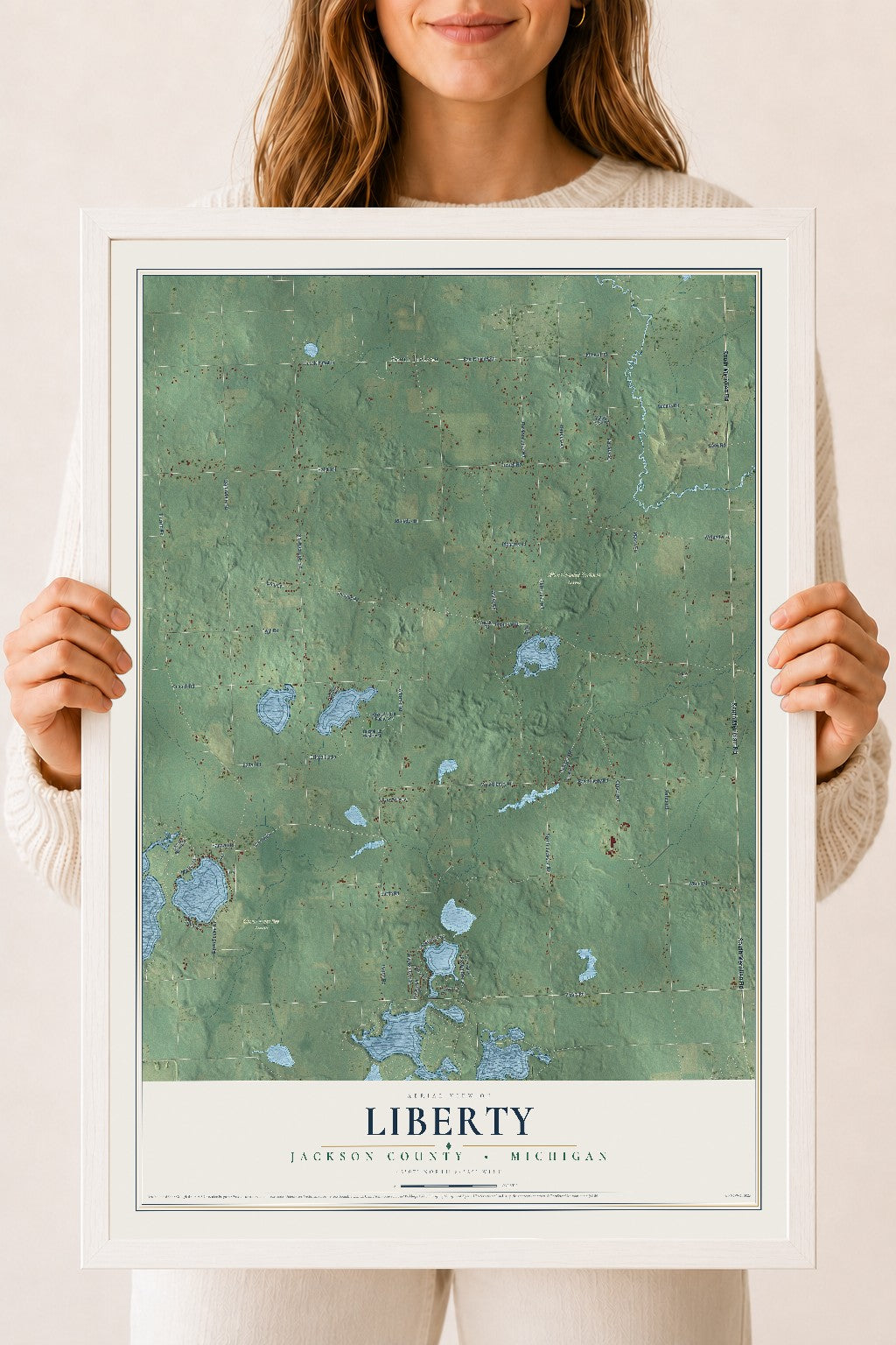 Map of Liberty, Jackson County, Michigan, 18 x 24 inch print in a white wood frame