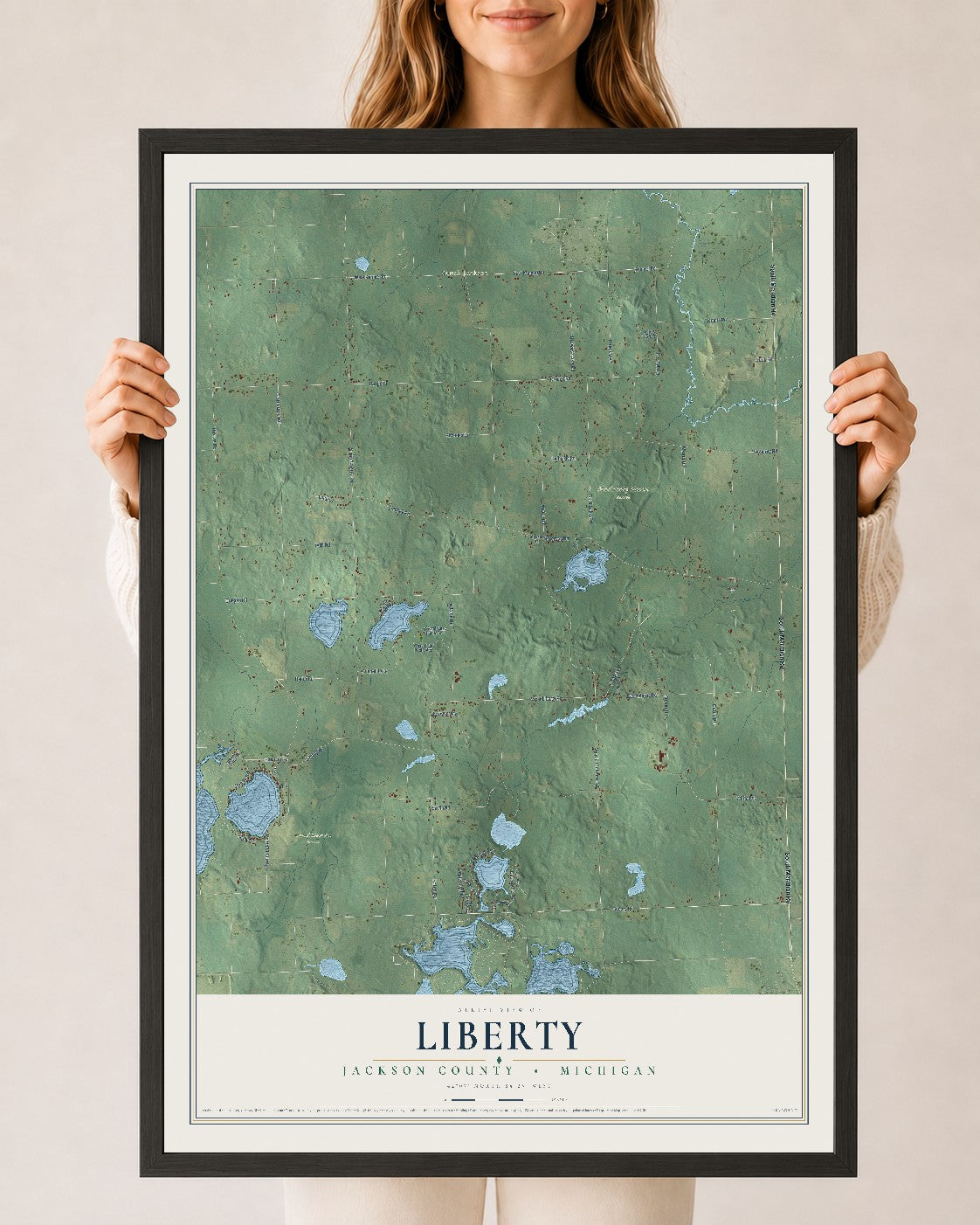 Map of Liberty, Jackson County, Michigan, 24 x 36 inch print in a black wood frame