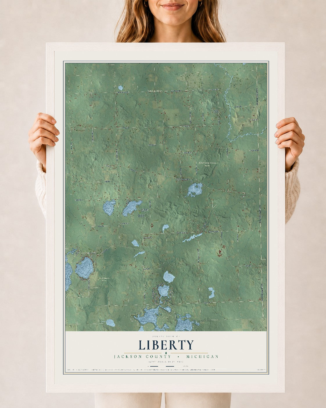 Map of Liberty, Jackson County, Michigan, 24 x 36 inch print in a white wood frame