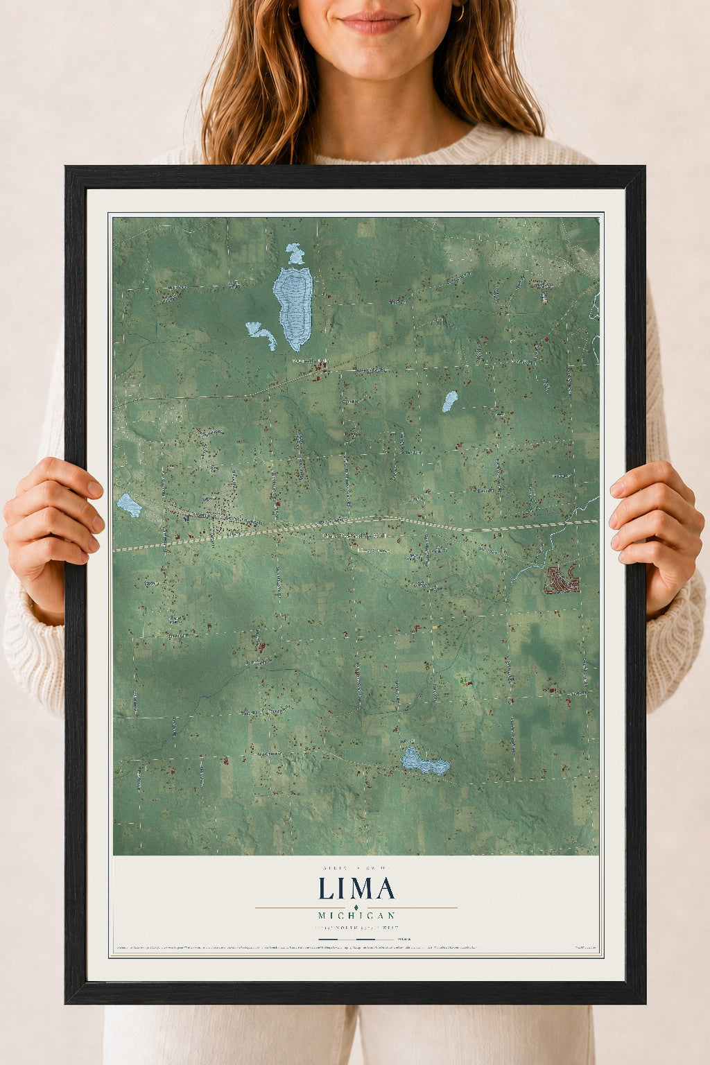 Map of Lima, Michigan, 18 x 24 inch print in a black wood frame