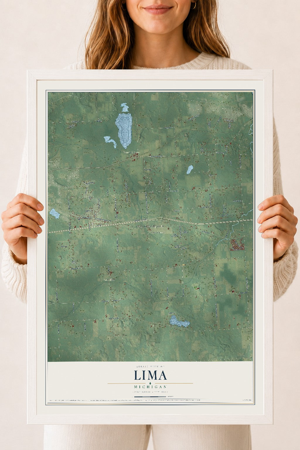 Map of Lima, Michigan, 18 x 24 inch print in a white wood frame
