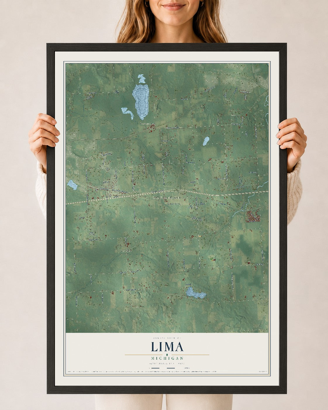 Map of Lima, Michigan, 24 x 36 inch print in a black wood frame