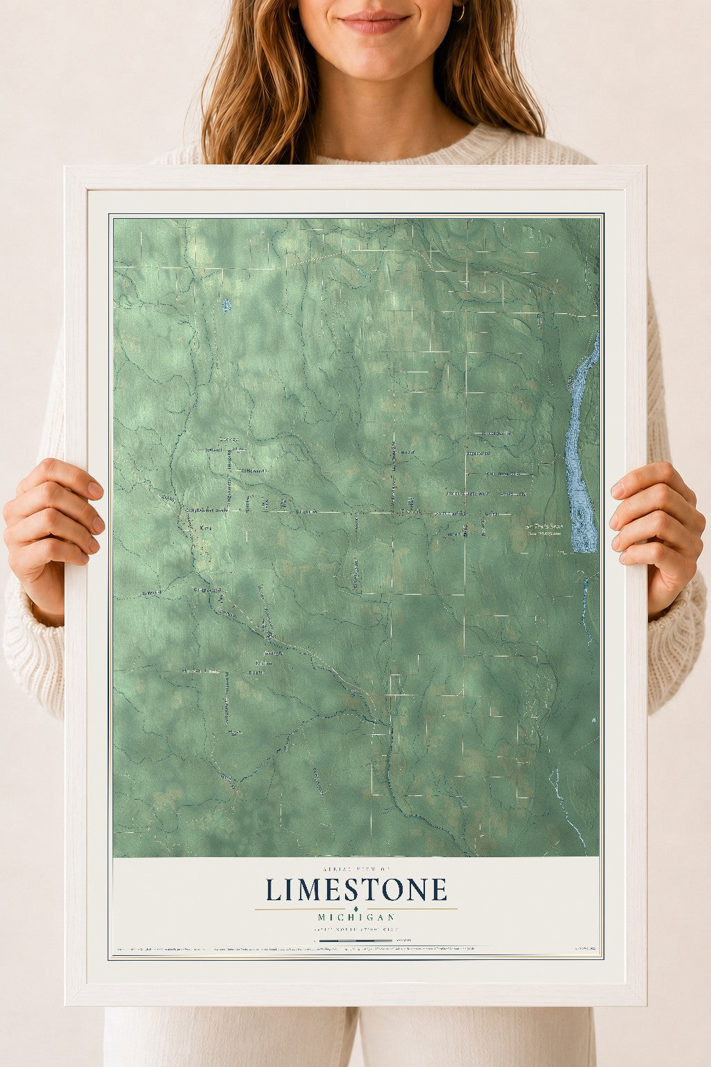 Map of Limestone, Michigan, 18 x 24 inch print in a white wood frame