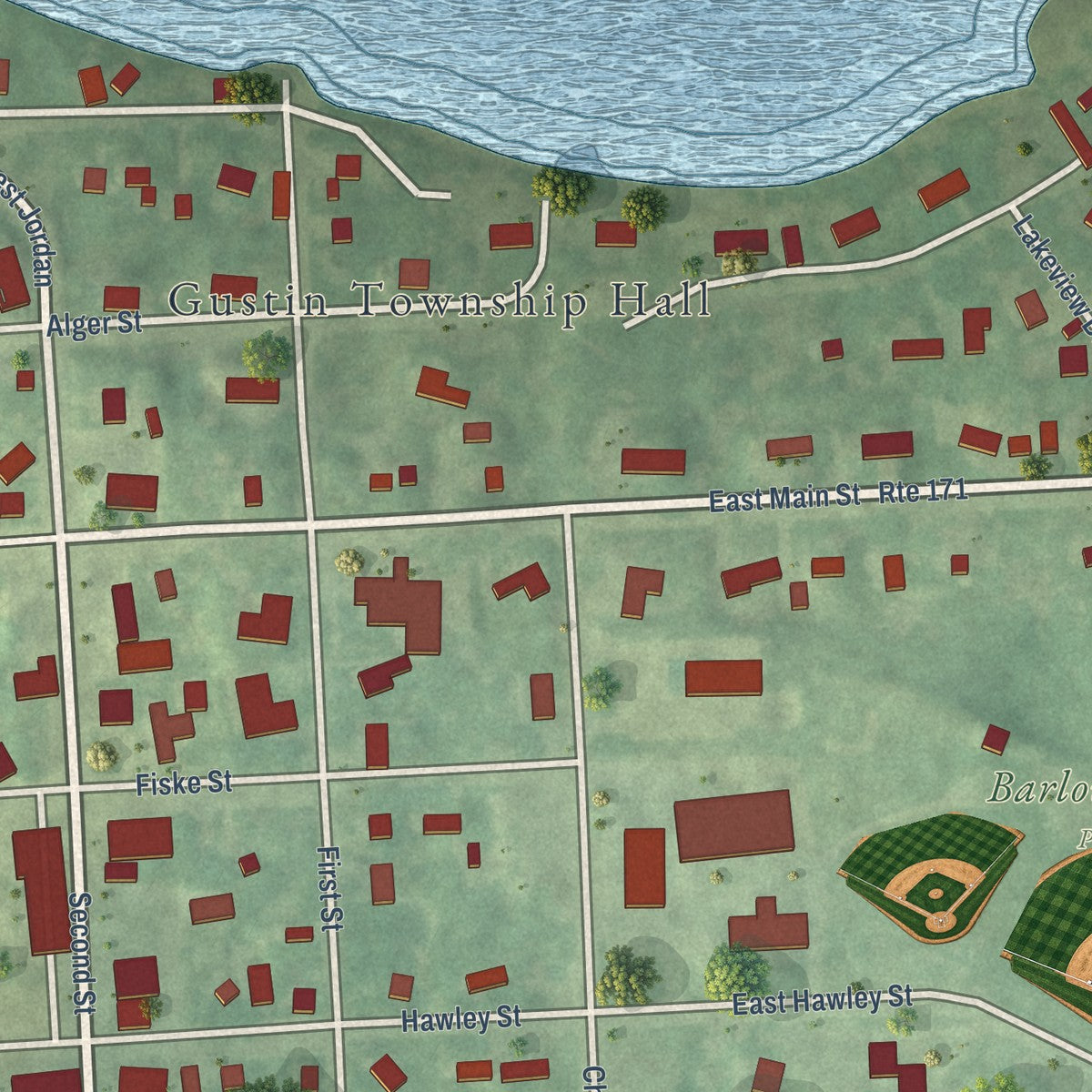 Close-up of the map of Lincoln, Alcona County, Michigan print showing street and building detail