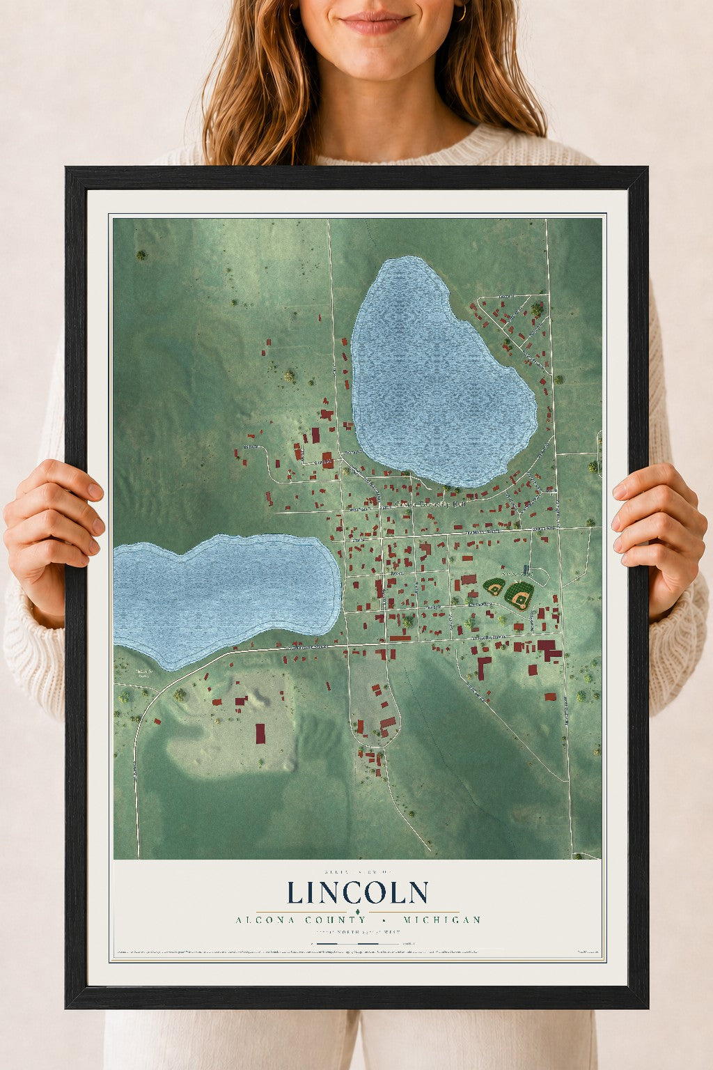 Map of Lincoln, Alcona County, Michigan, 18 x 24 inch print in a black wood frame