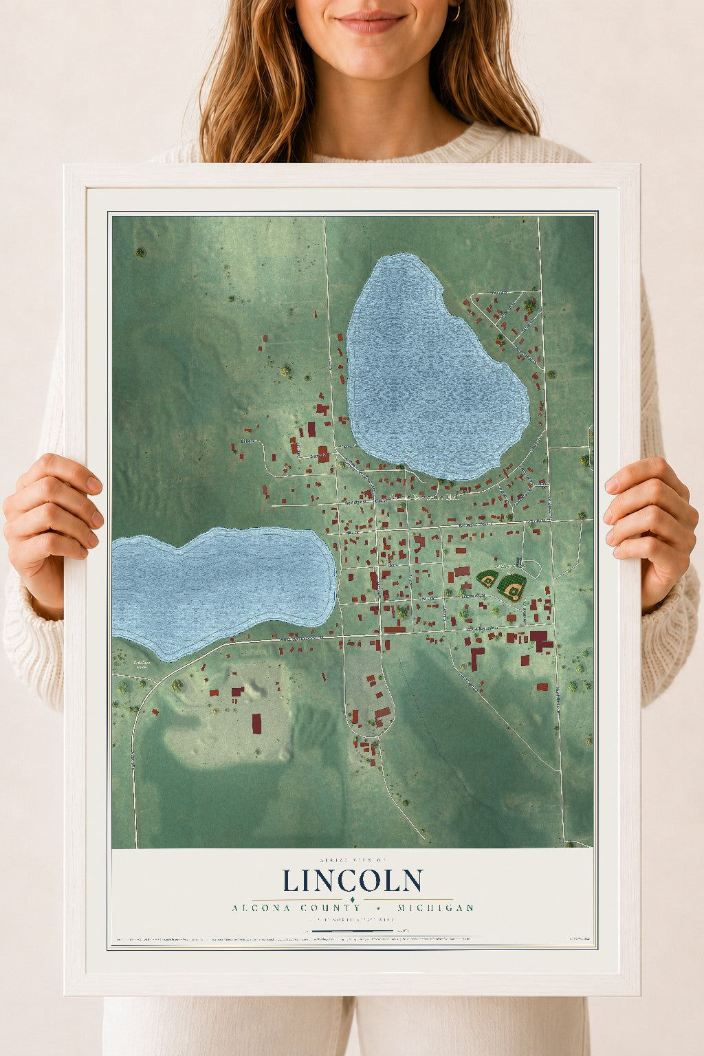 Map of Lincoln, Alcona County, Michigan, 18 x 24 inch print in a white wood frame