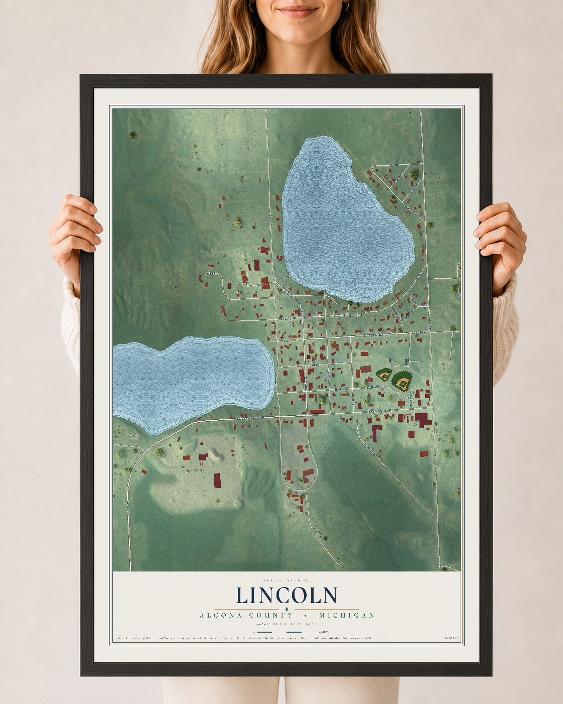 Map of Lincoln, Alcona County, Michigan, 24 x 36 inch print in a black wood frame