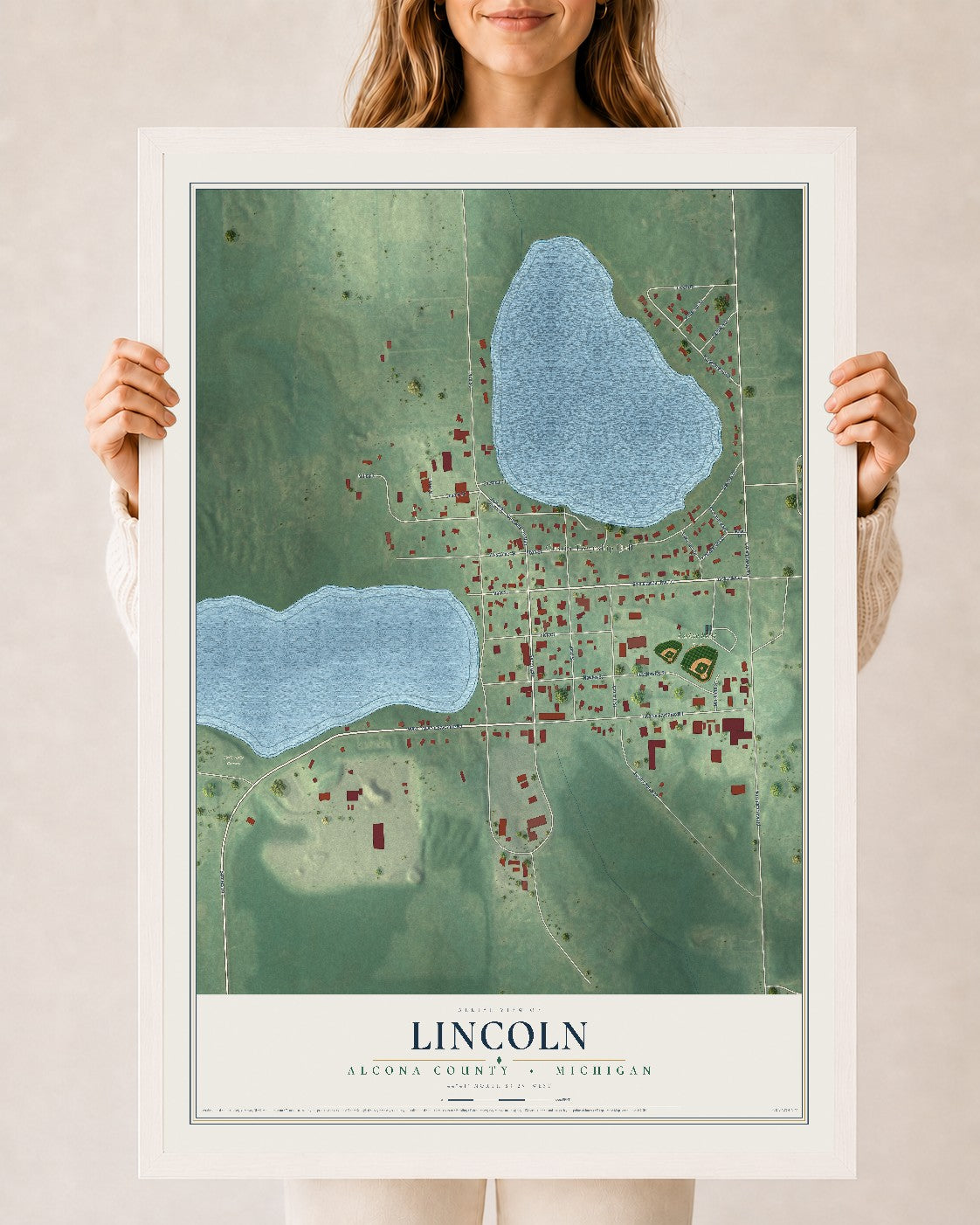 Map of Lincoln, Alcona County, Michigan, 24 x 36 inch print in a white wood frame