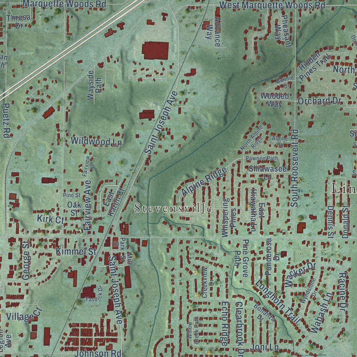 Close-up of the map of Lincoln, Berrien County, Michigan print showing street and building detail