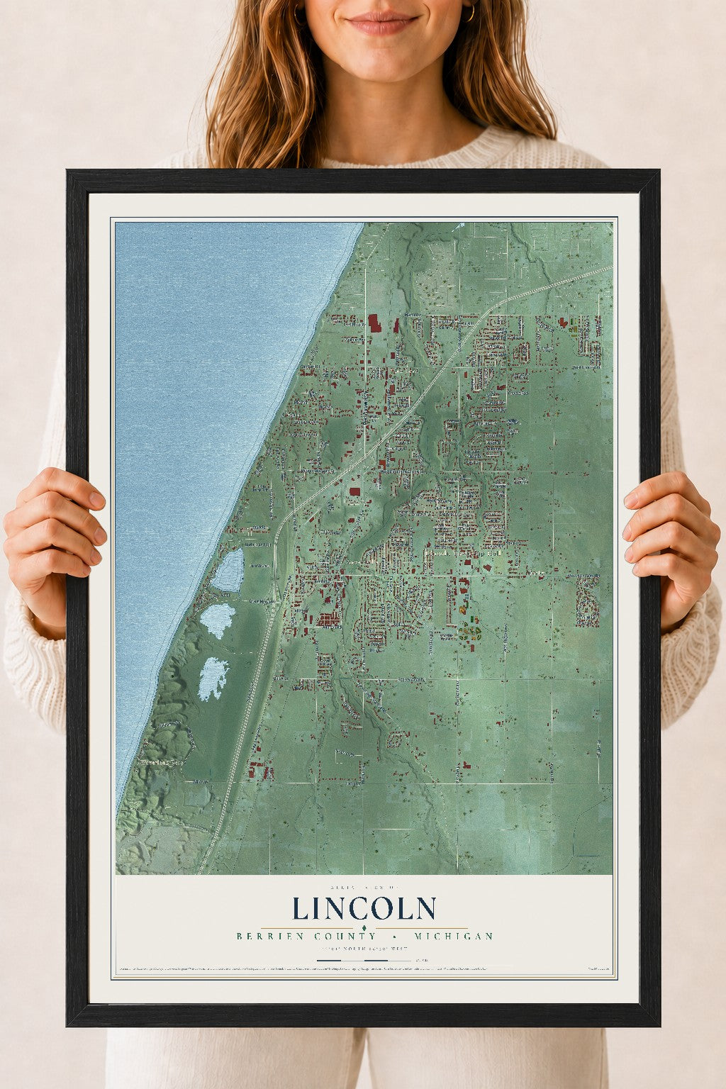 Map of Lincoln, Berrien County, Michigan, 18 x 24 inch print in a black wood frame