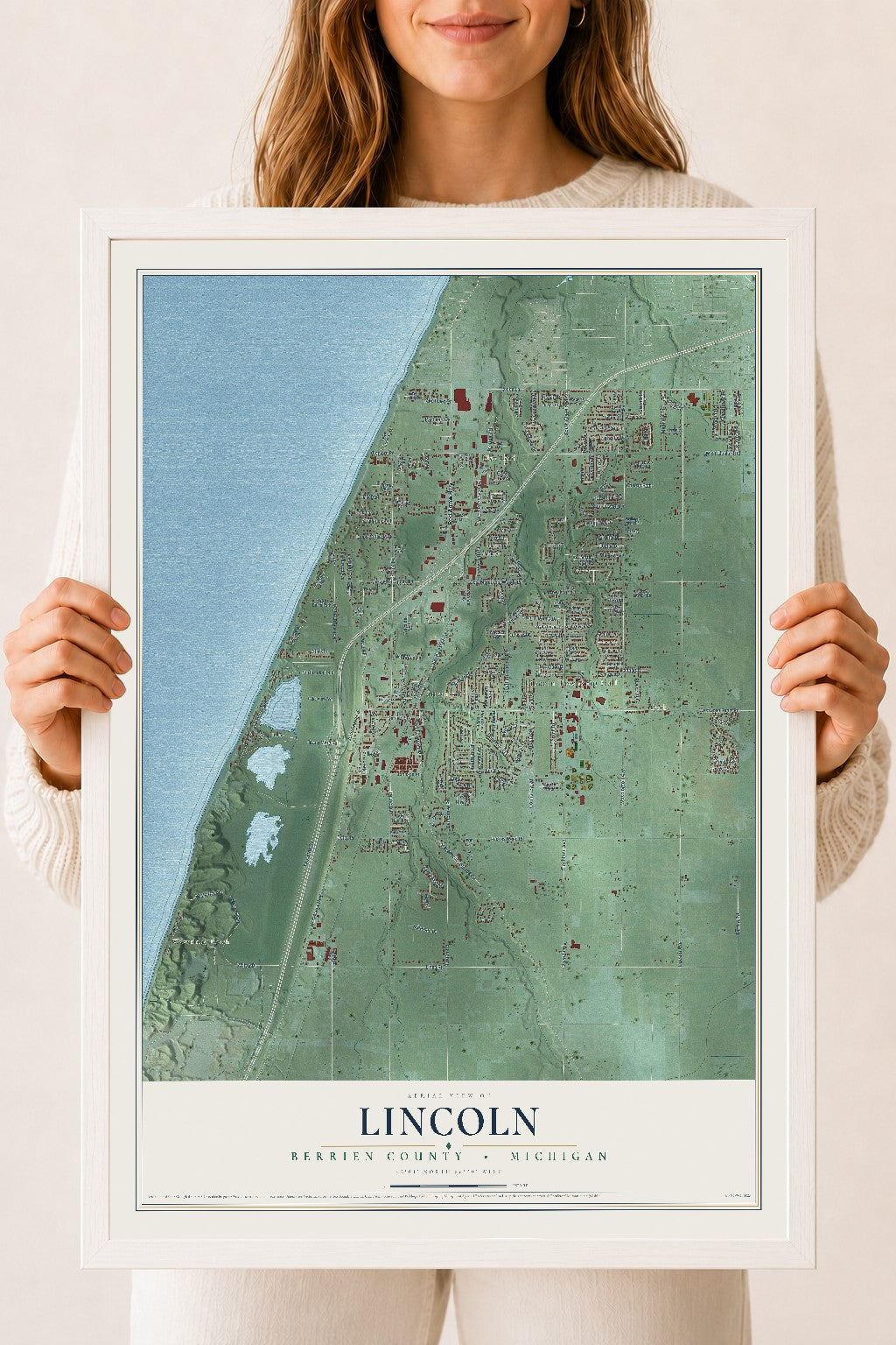 Map of Lincoln, Berrien County, Michigan, 18 x 24 inch print in a white wood frame