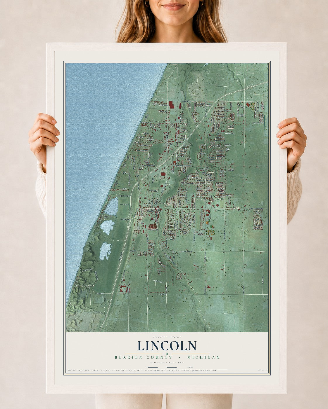 Map of Lincoln, Berrien County, Michigan, 24 x 36 inch print in a white wood frame