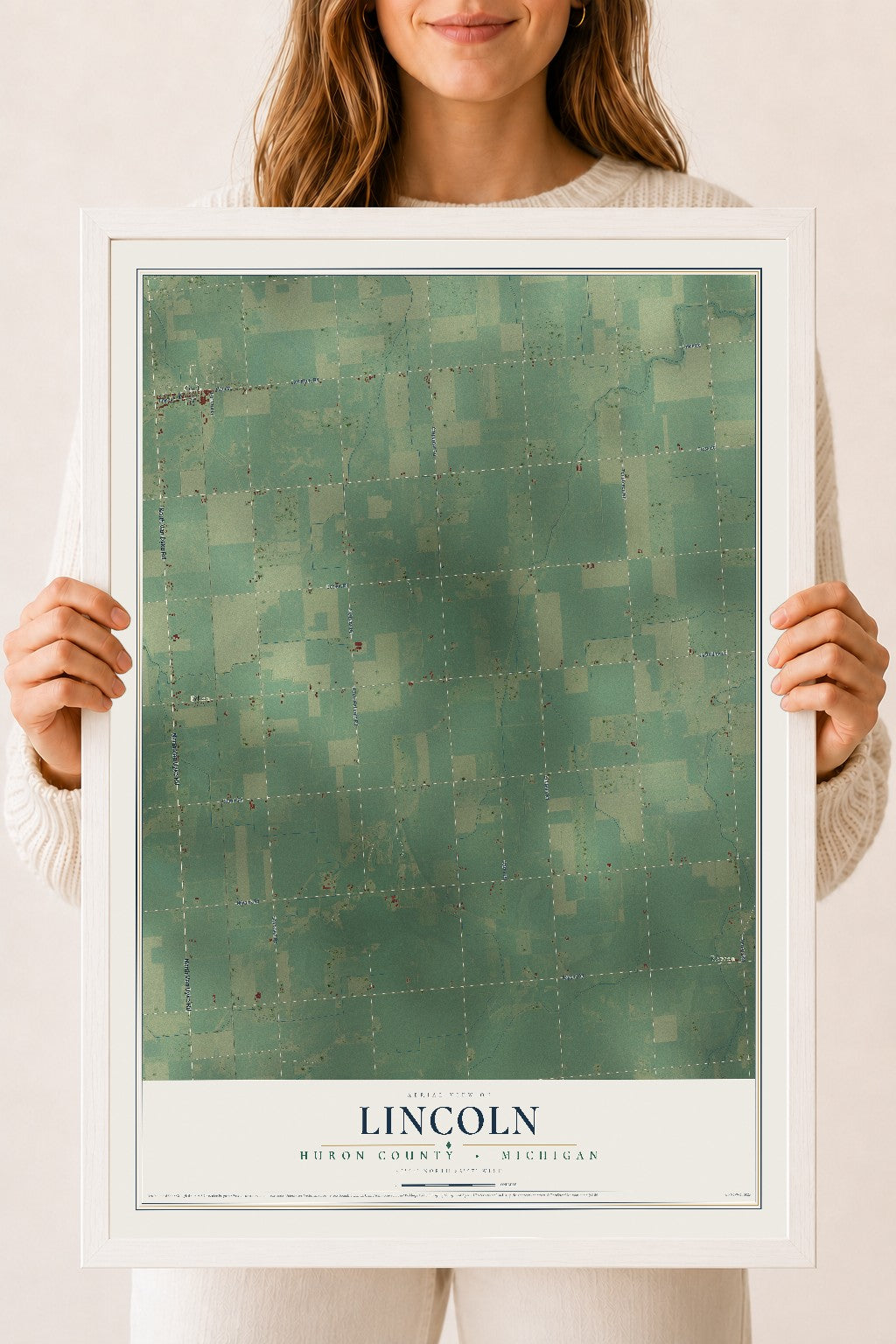 Map of Lincoln, Huron County, Michigan, 18 x 24 inch print in a white wood frame