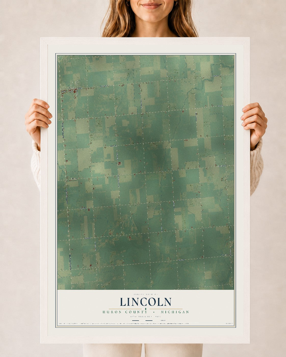 Map of Lincoln, Huron County, Michigan, 24 x 36 inch print in a white wood frame