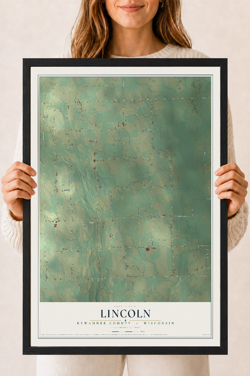 Map of Lincoln, Kewaunee County, Wisconsin, 18 x 24 inch print in a black wood frame