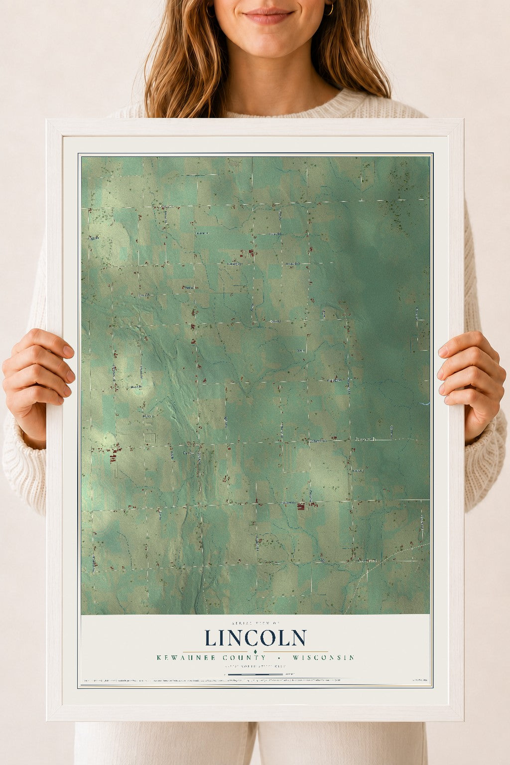 Map of Lincoln, Kewaunee County, Wisconsin, 18 x 24 inch print in a white wood frame