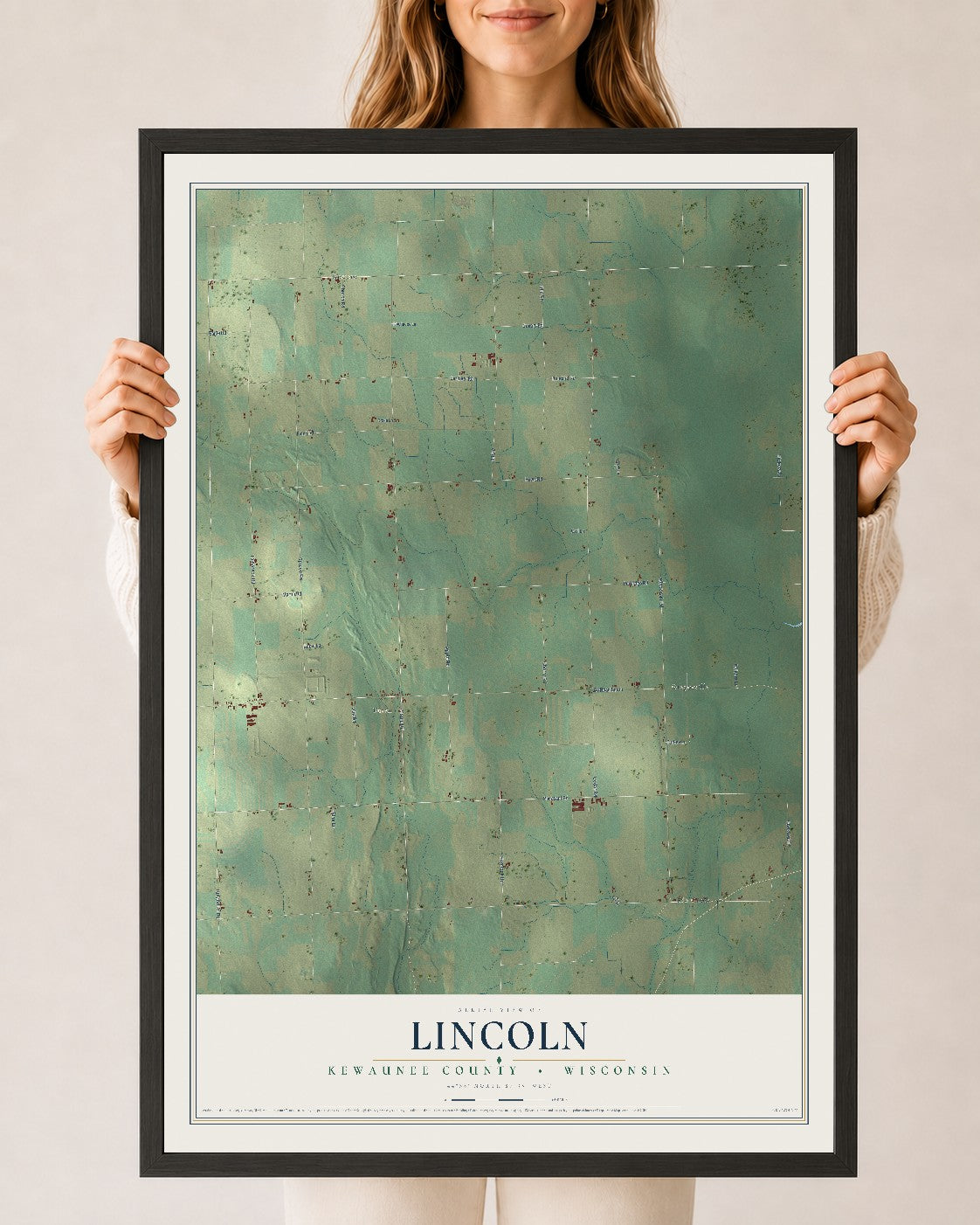 Map of Lincoln, Kewaunee County, Wisconsin, 24 x 36 inch print in a black wood frame