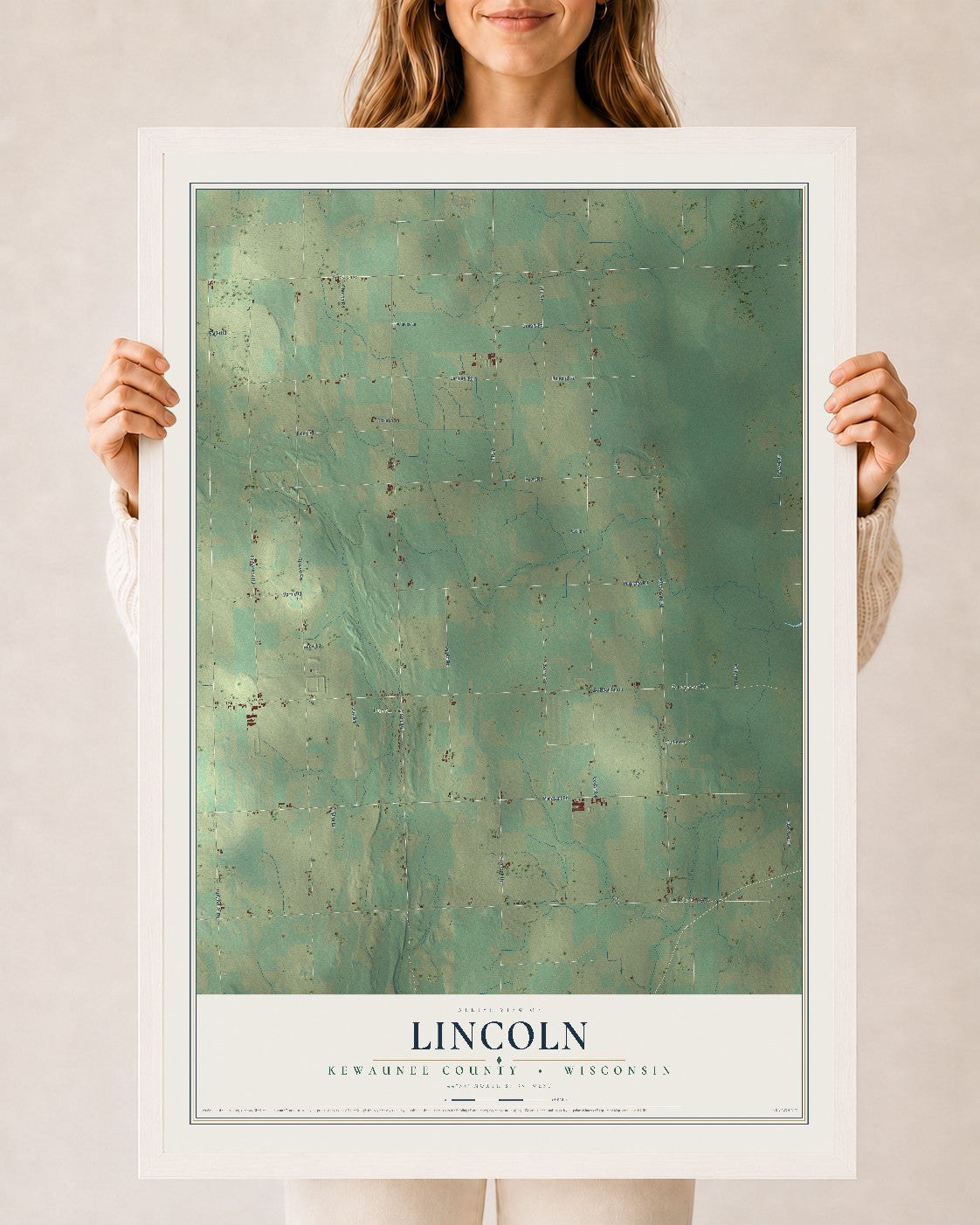 Map of Lincoln, Kewaunee County, Wisconsin, 24 x 36 inch print in a white wood frame