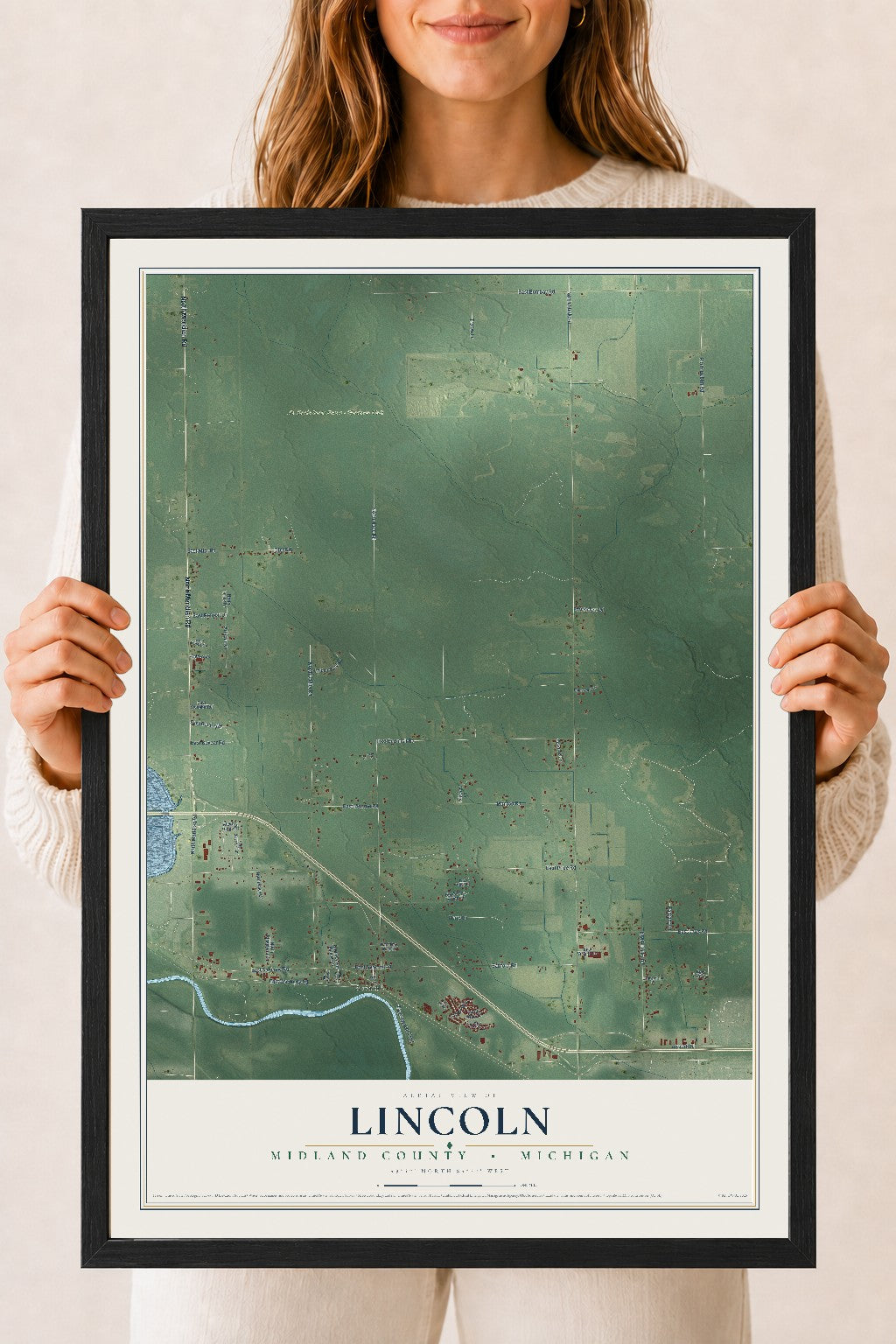 Map of Lincoln, Midland County, Michigan, 18 x 24 inch print in a black wood frame