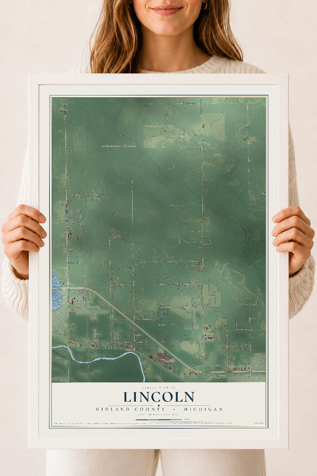 Map of Lincoln, Midland County, Michigan, 18 x 24 inch print in a white wood frame