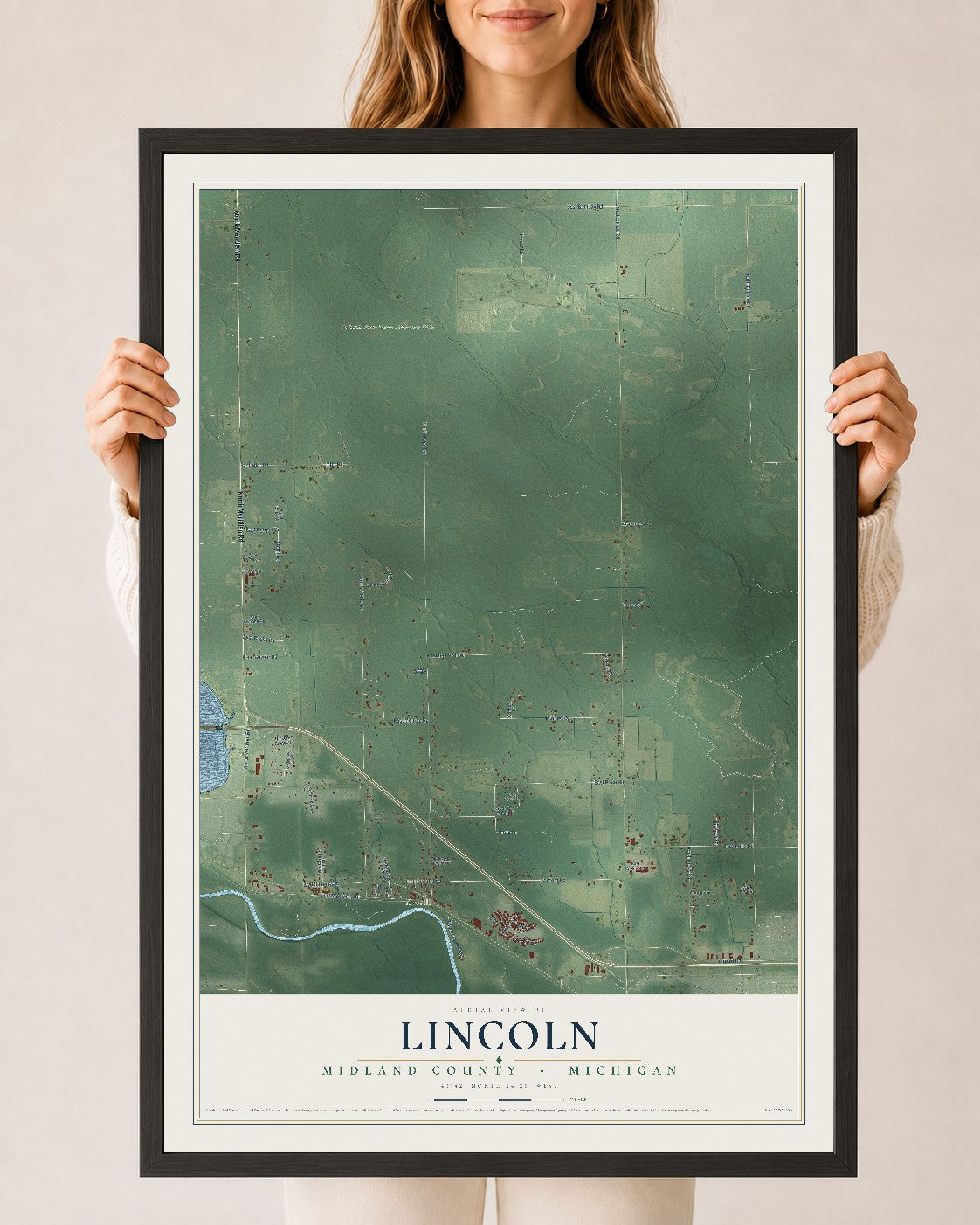 Map of Lincoln, Midland County, Michigan, 24 x 36 inch print in a black wood frame