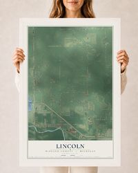 Map of Lincoln, Midland County, Michigan, 24 x 36 inch print in a white wood frame