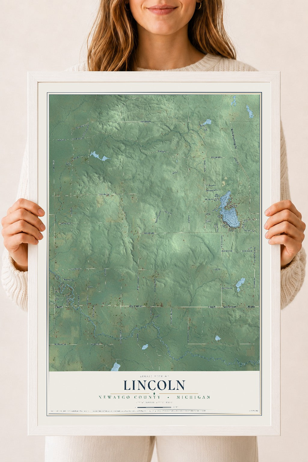 Map of Lincoln, Newaygo County, Michigan, 18 x 24 inch print in a white wood frame