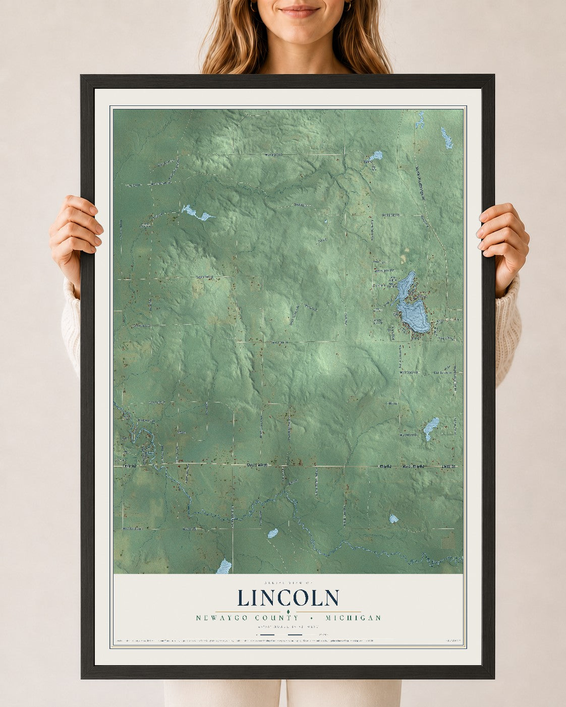 Map of Lincoln, Newaygo County, Michigan, 24 x 36 inch print in a black wood frame