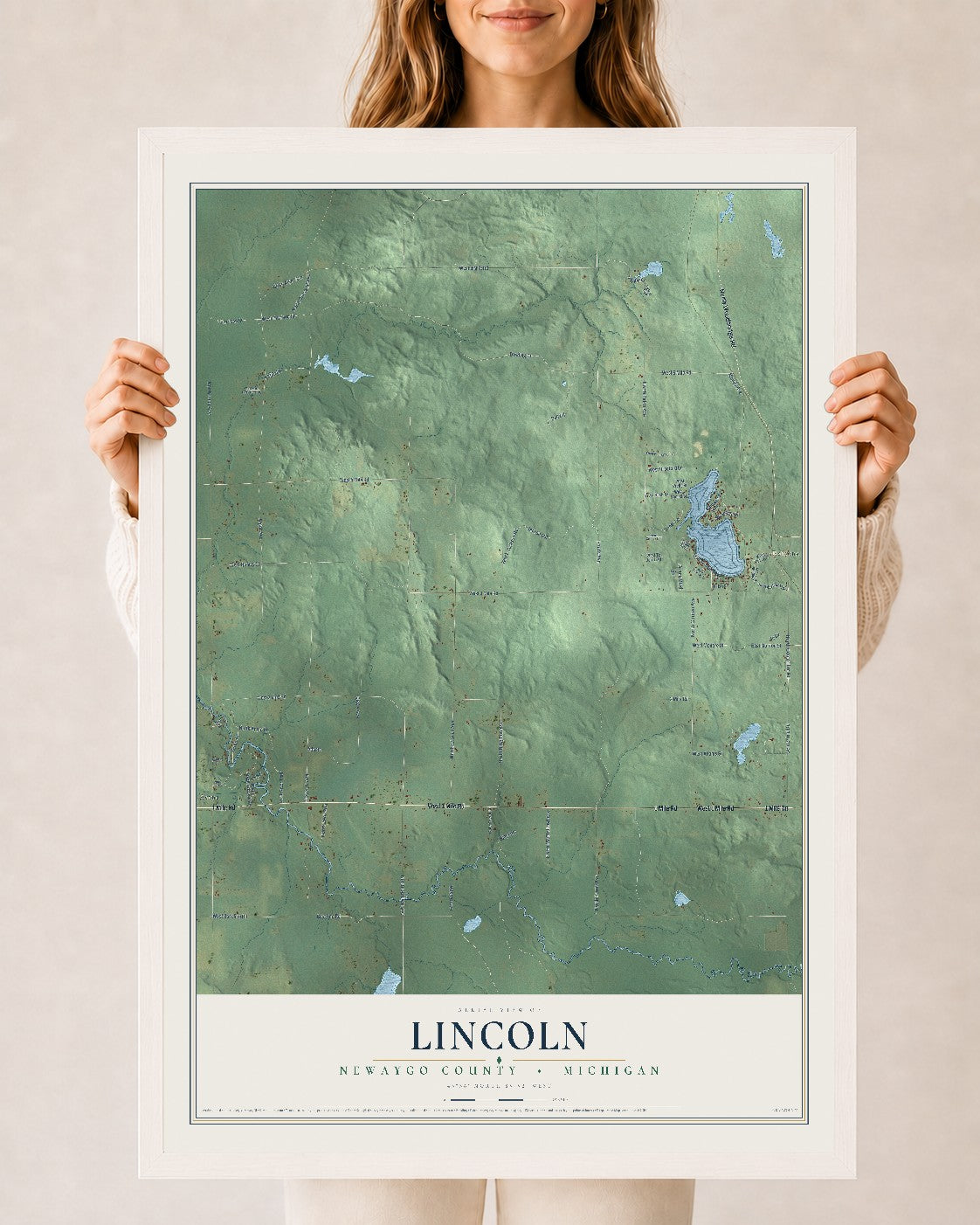 Map of Lincoln, Newaygo County, Michigan, 24 x 36 inch print in a white wood frame