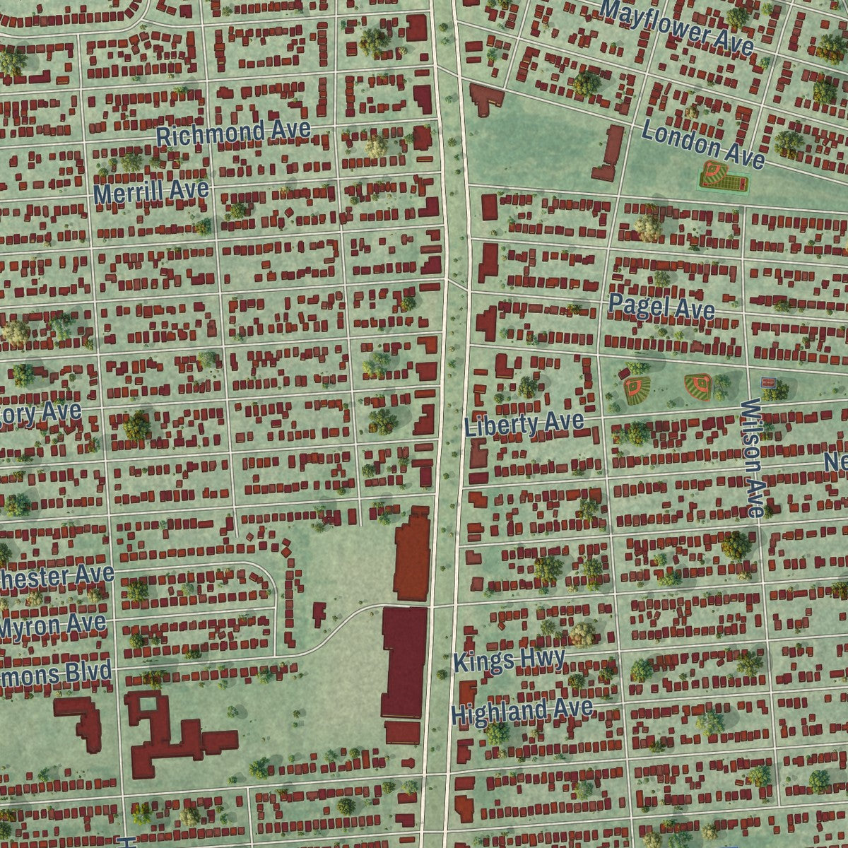 Second close-up of the map of Lincoln Park, Michigan print showing more streets and buildings