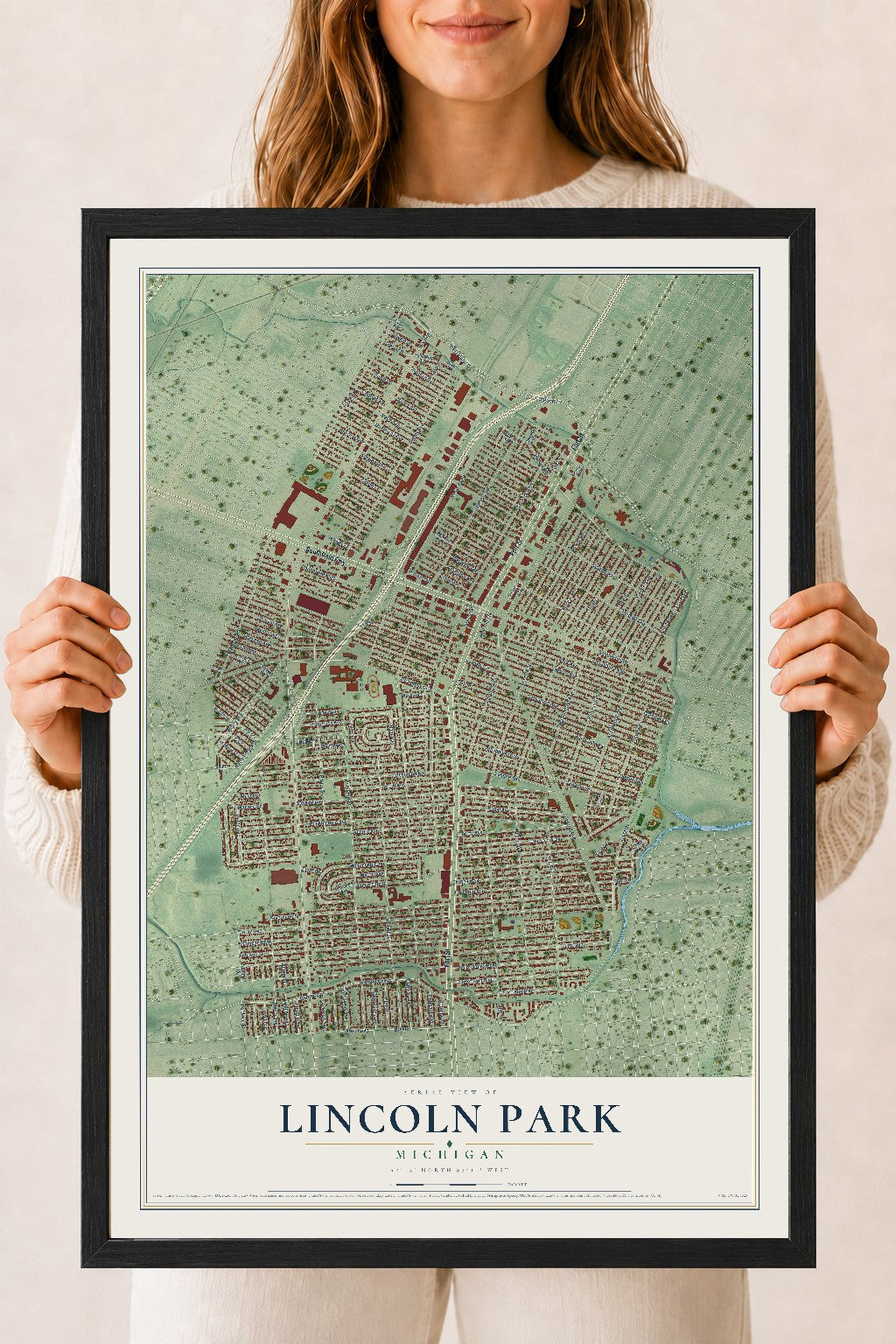 Map of Lincoln Park, Michigan, 18 x 24 inch print in a black wood frame