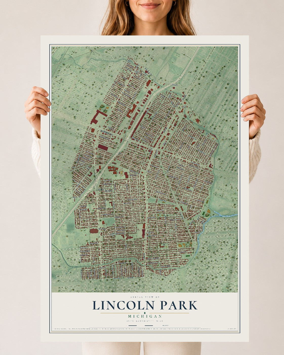 Map of Lincoln Park, Michigan, 24 x 36 inch unframed archival matte print