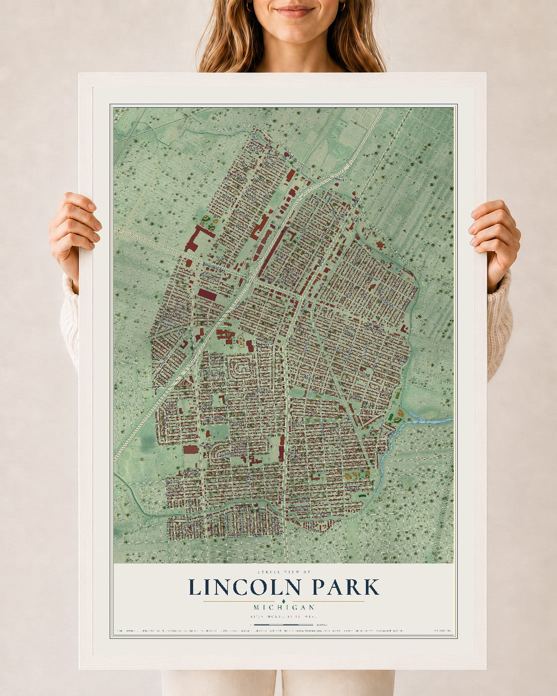 Map of Lincoln Park, Michigan, 24 x 36 inch print in a white wood frame
