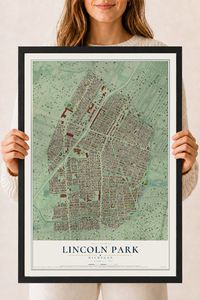 Map of Lincoln Park, Michigan, 18 x 24 inch print in a black wood frame