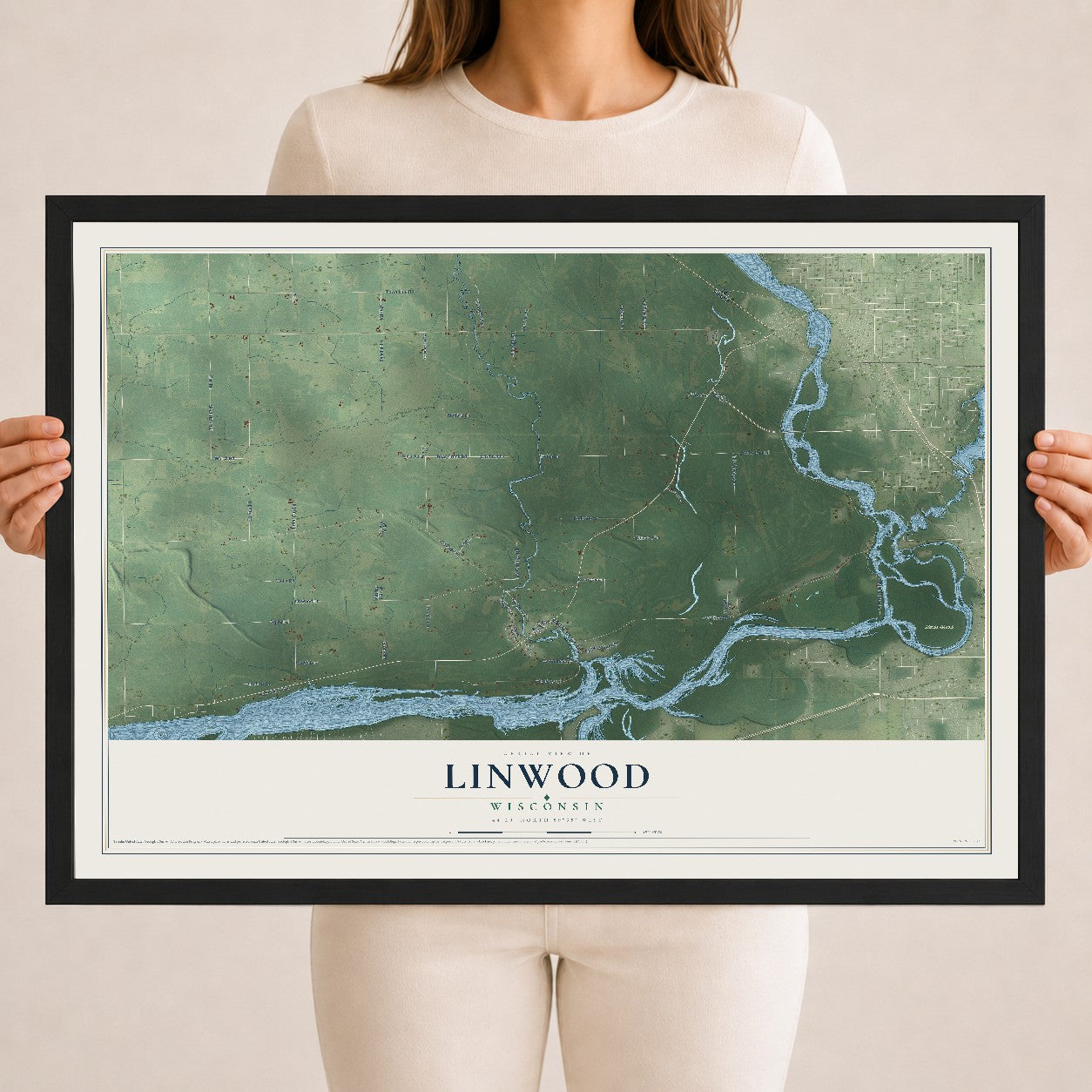 Map of Linwood, Wisconsin, 18 x 24 inch print in a black wood frame