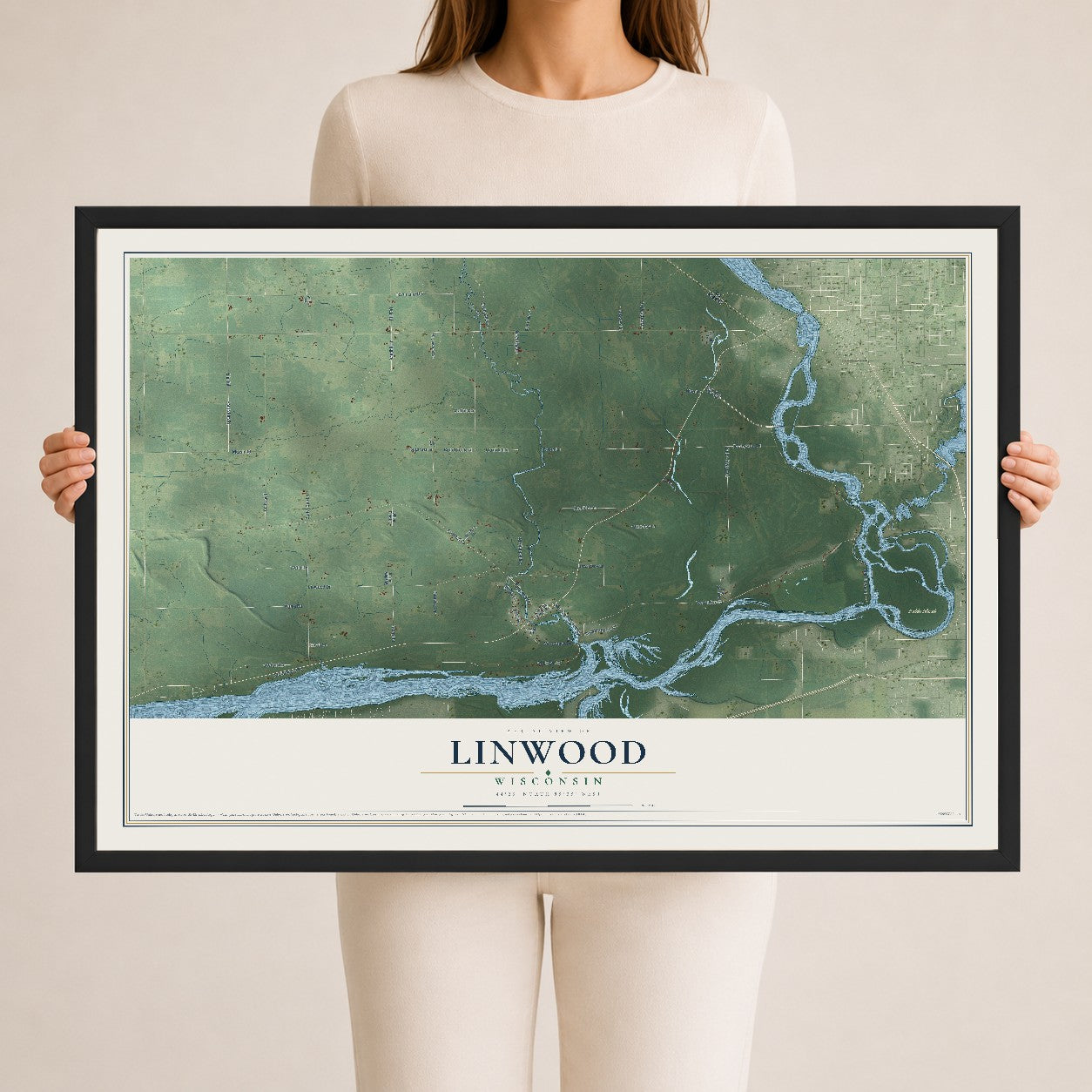 Map of Linwood, Wisconsin, 24 x 36 inch print in a black wood frame