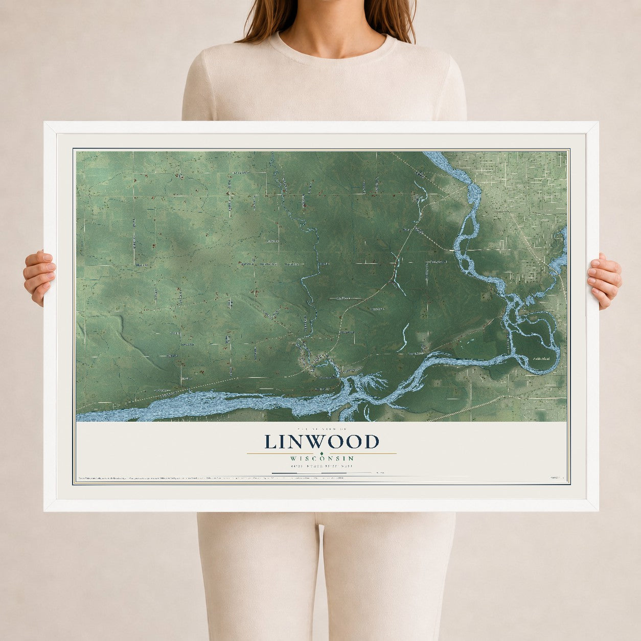 Map of Linwood, Wisconsin, 24 x 36 inch print in a white wood frame