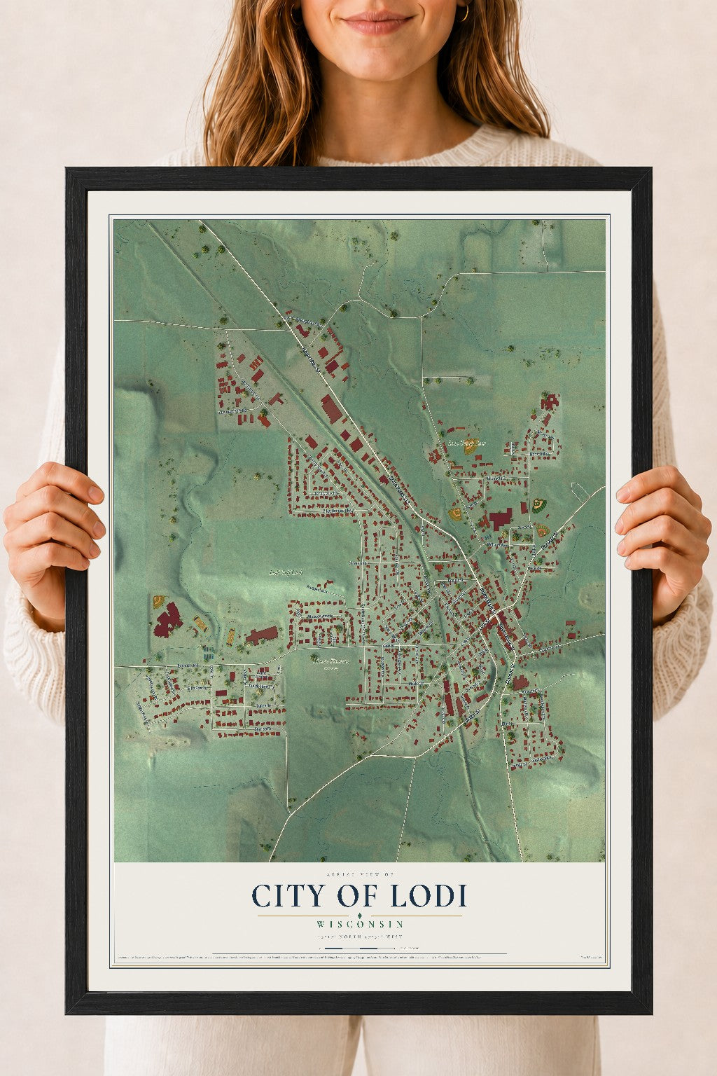 Map of Lodi, Wisconsin, 18 x 24 inch print in a black wood frame