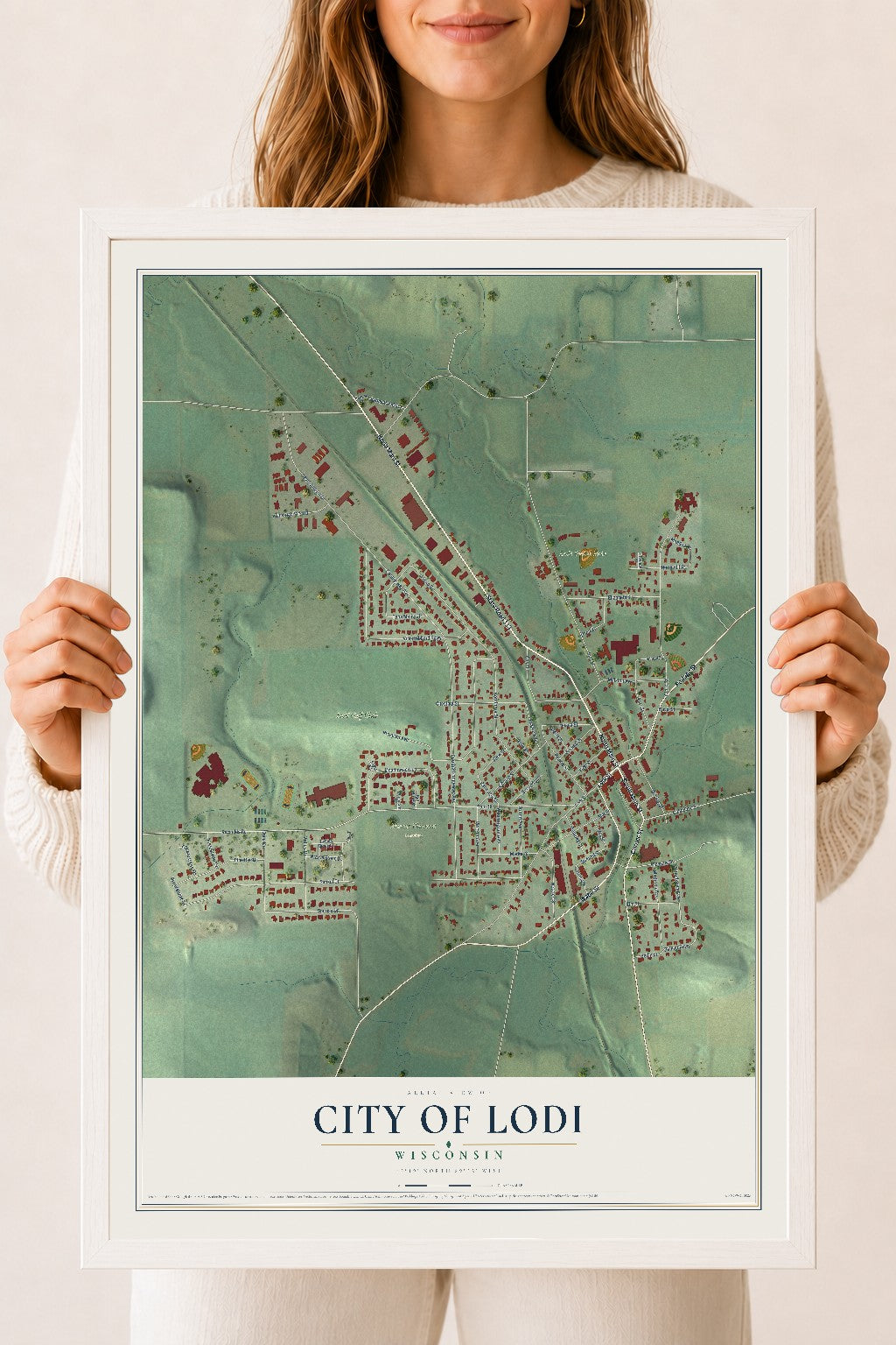 Map of Lodi, Wisconsin, 18 x 24 inch print in a white wood frame