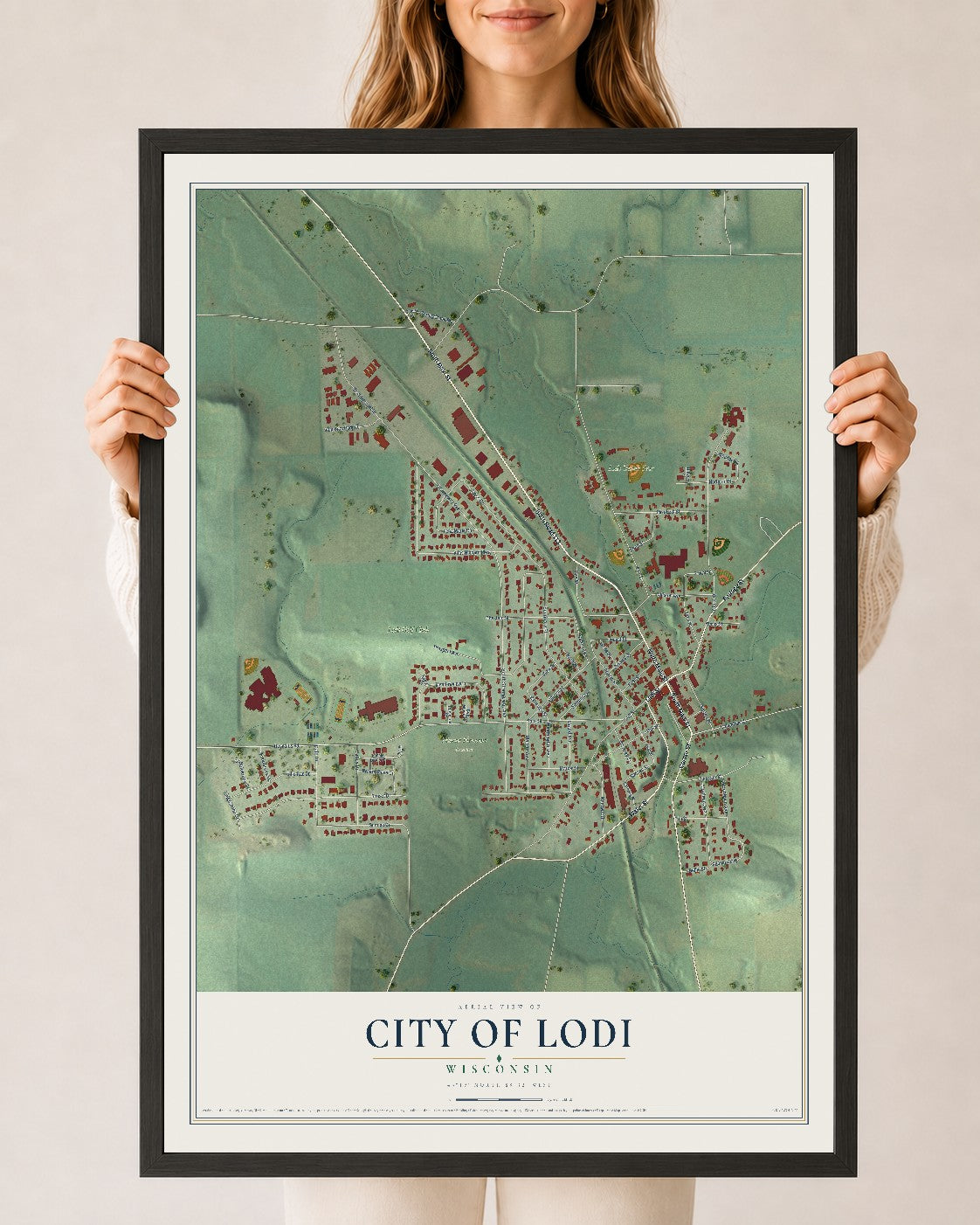 Map of Lodi, Wisconsin, 24 x 36 inch print in a black wood frame