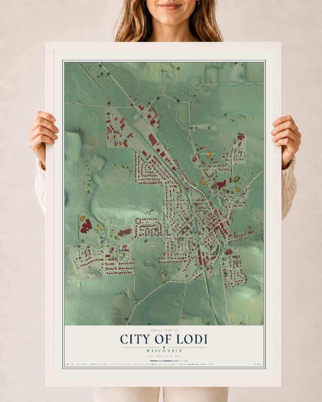 Map of Lodi, Wisconsin, 24 x 36 inch print in a white wood frame