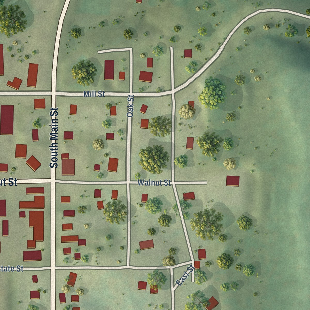 Close-up of the map of Loganville, Wisconsin print showing street and building detail
