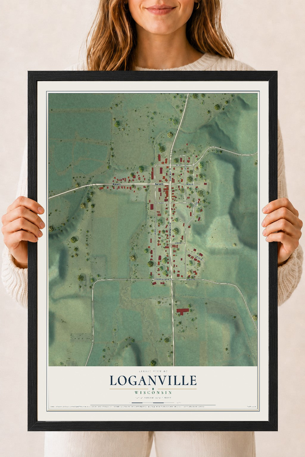 Map of Loganville, Wisconsin, 18 x 24 inch print in a black wood frame