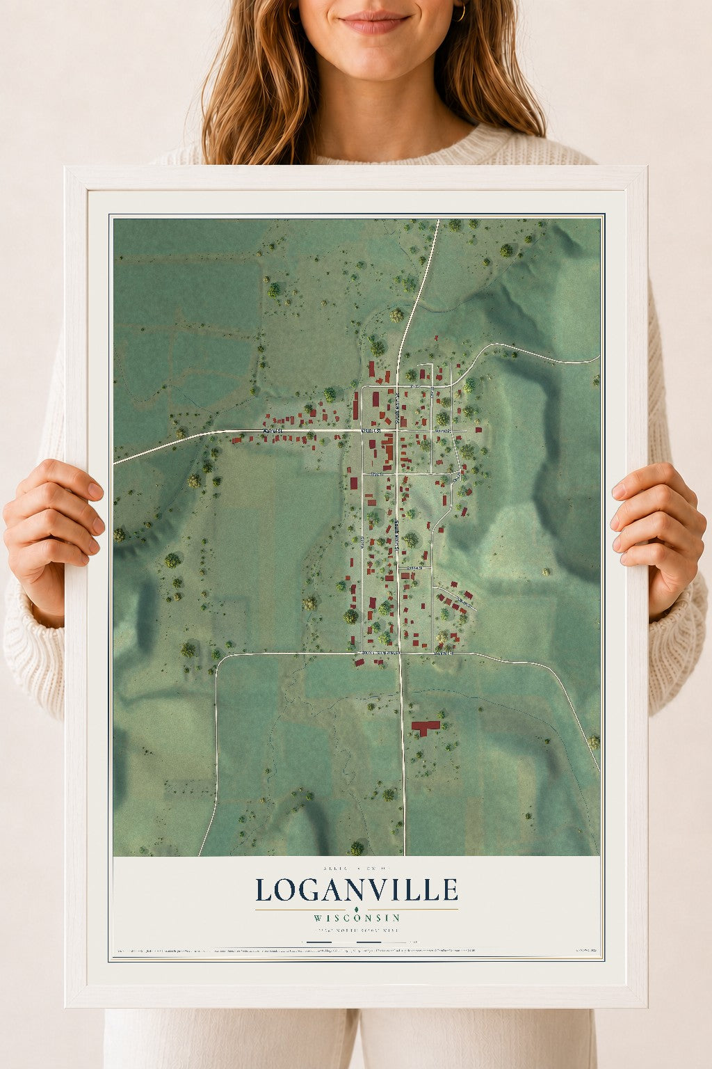 Map of Loganville, Wisconsin, 18 x 24 inch print in a white wood frame