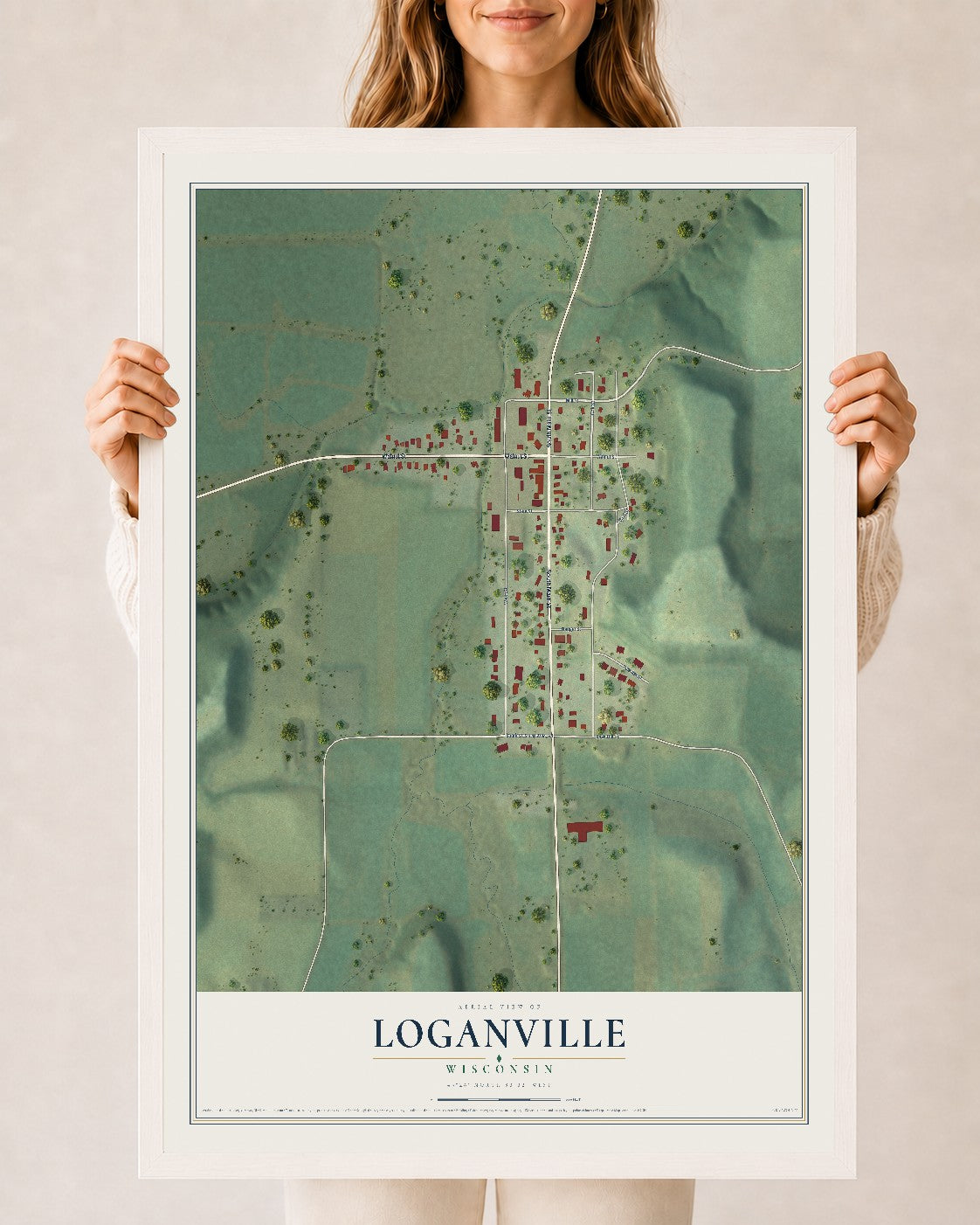 Map of Loganville, Wisconsin, 24 x 36 inch print in a white wood frame