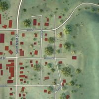 Close-up of the map of Loganville, Wisconsin print showing street and building detail